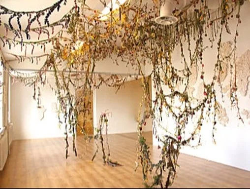 Room with dried plants and vines hanging from the ceiling and walls.