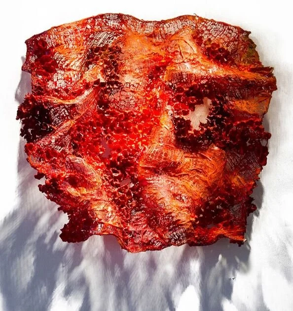 Close-up of a piece of crispy, reddish-brown cooked beef jerky with a textured surface and some darker areas, placed on a white surface.