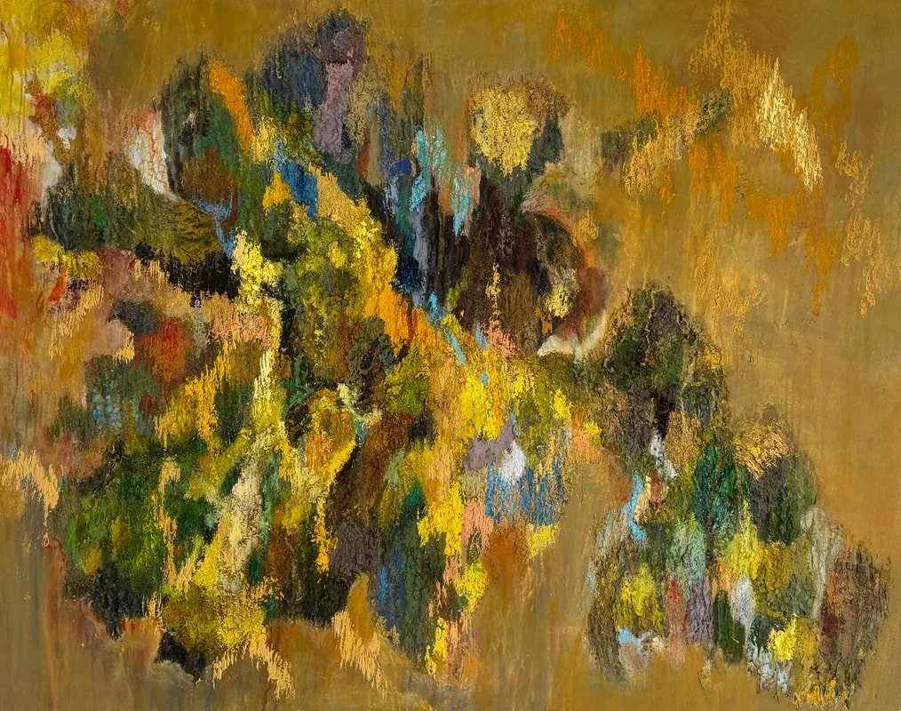 Abstract painting with a mix of vibrant colors including yellow, green, blue, black, brown, and hints of purple and white, resembling a textured, impressionistic composition.