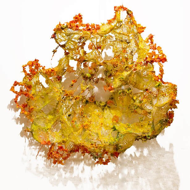 Close-up of a dried, irregularly shaped fried fish skin chip with a yellowish color and orange edges, on a white background.