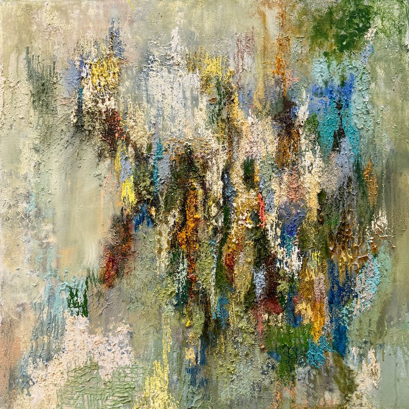 Abstract textured painting with splashes of yellow, blue, green, red, and white colors on a grayish background.