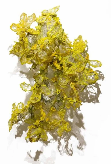 A cluster of yellowish, semi-transparent, textured, irregularly shaped material resembling a natural or artistic object against a white background.