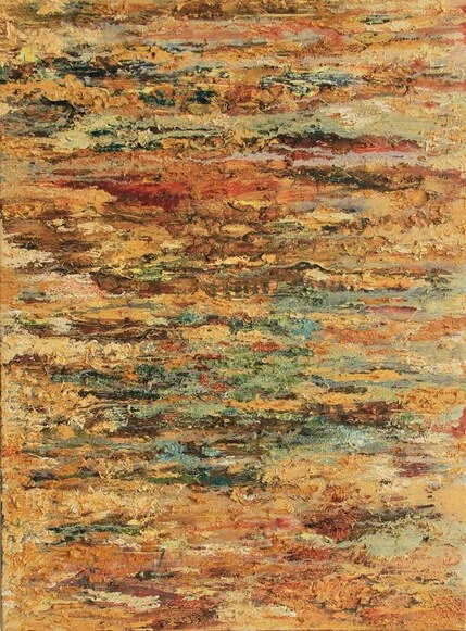Abstract painting with textured brushstrokes in earth tones like orange, brown, and green.