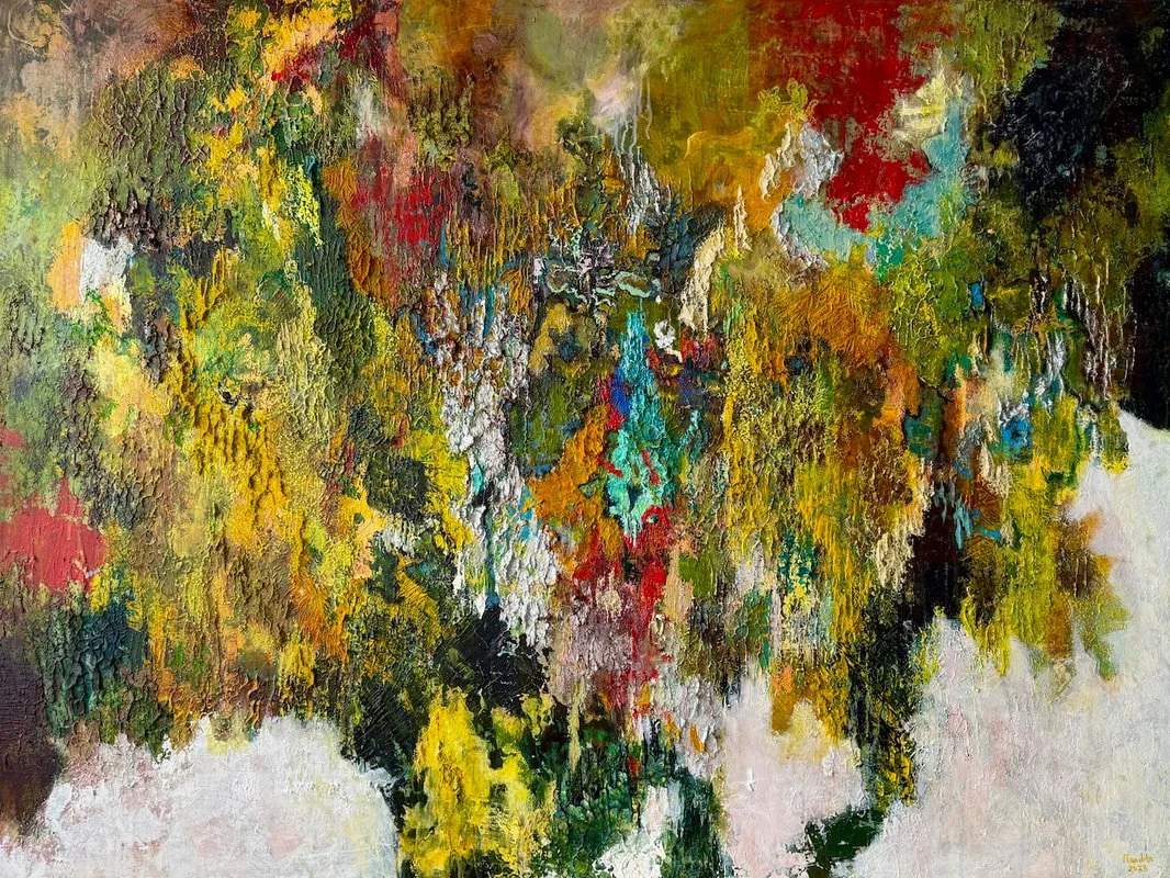 Abstract impressionist painting of a colorful bush or autumn tree with green, yellow, red, orange, and blue hues, textured brushstrokes