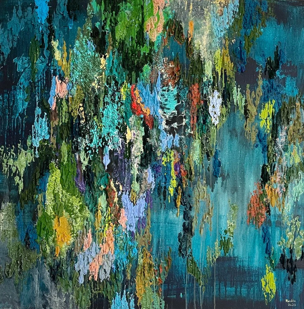 An abstract painting with vibrant colors including greens, blues, pinks, yellows, and blacks, depicting a textured and layered composition that resembles a flowing garden or natural scene.