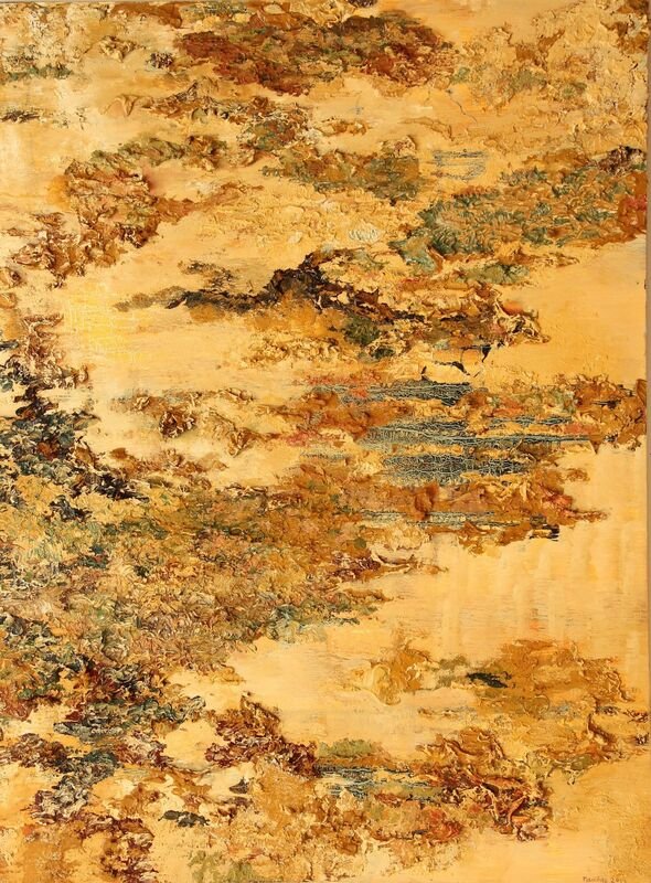 Abstract painting with warm tones of orange, yellow, brown, and hints of green and blue.