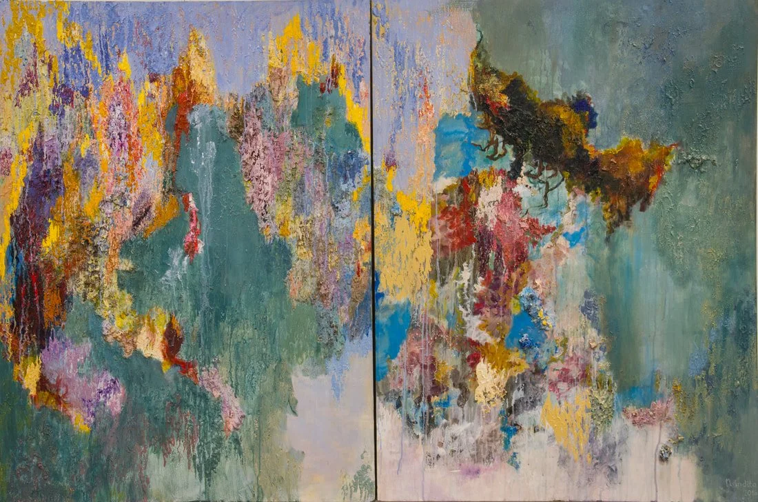 Two abstract expressionist paintings with vibrant colors and textured surfaces, featuring floral and landscape-like forms.