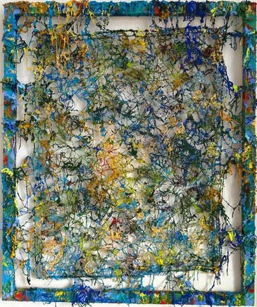 Abstract mixed media artwork featuring various colors and textures, framed with a colorful border.