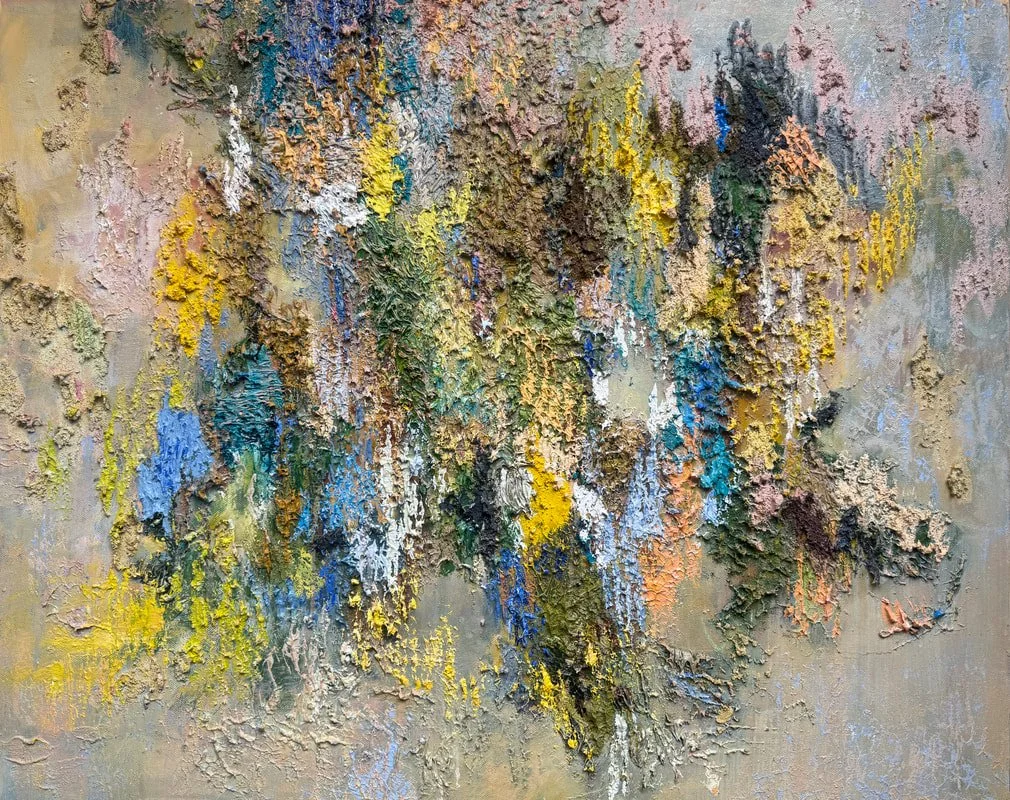 Abstract textured painting with thick layers of paint in various colors, including blue, yellow, green, pink, and white.