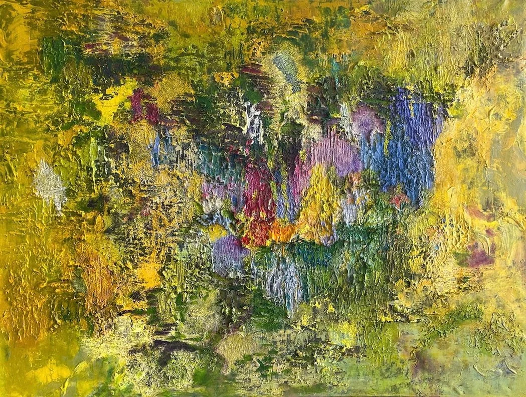 Abstract impressionist painting of a cat's face with a mix of yellow, green, purple, blue, and red colors.