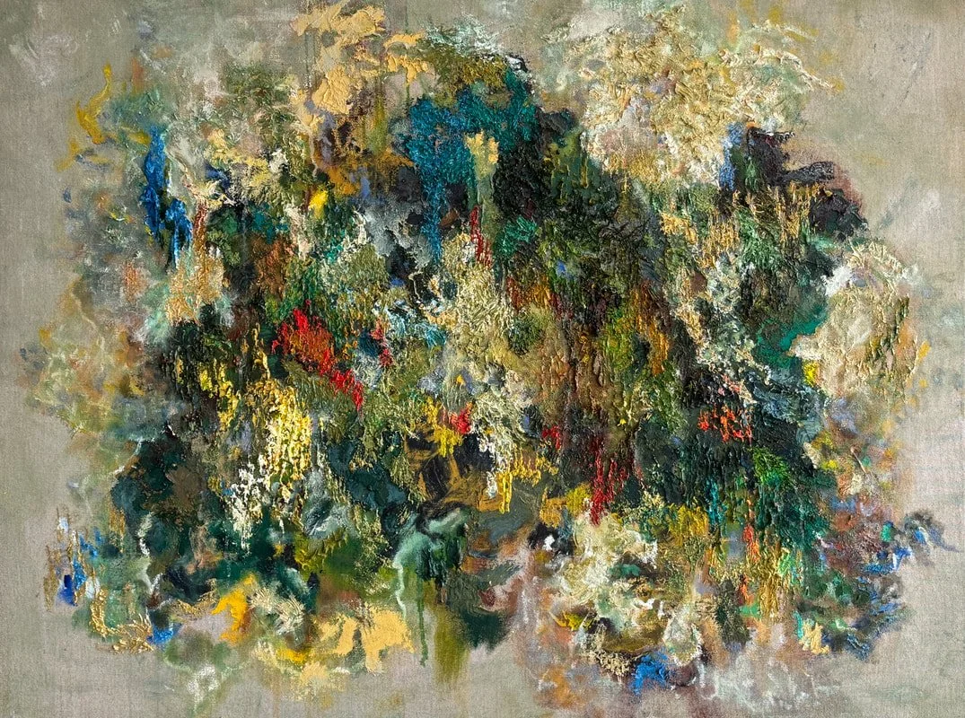 Abstract painting with mixture of green, yellow, blue, red, black, and white brushstrokes on a beige canvas.