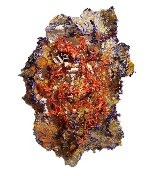 Abstract mixed media artwork with layered textures and colors, featuring red, purple, yellow, and brown tones.