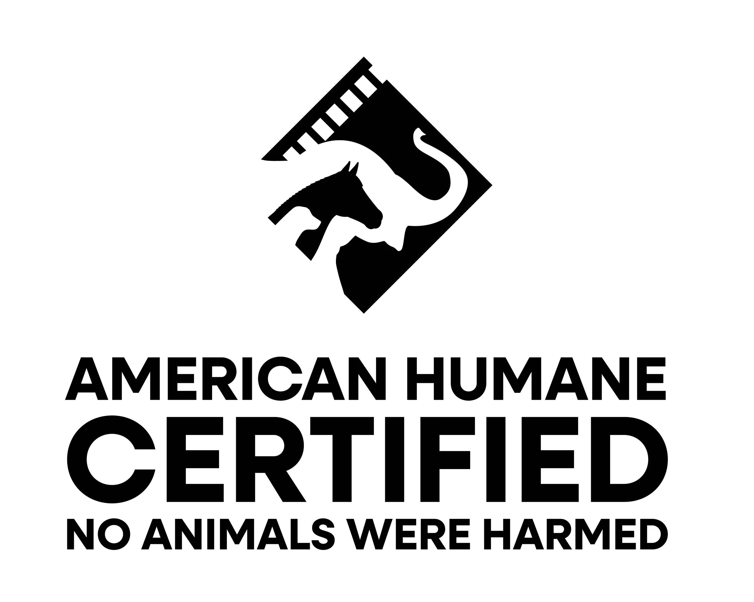 A black and white logo featuring a dog silhouette with a ribbon wrapped around it, a filmstrip border, and text reading 'American Humane Certified No Animals Were Harmed'.