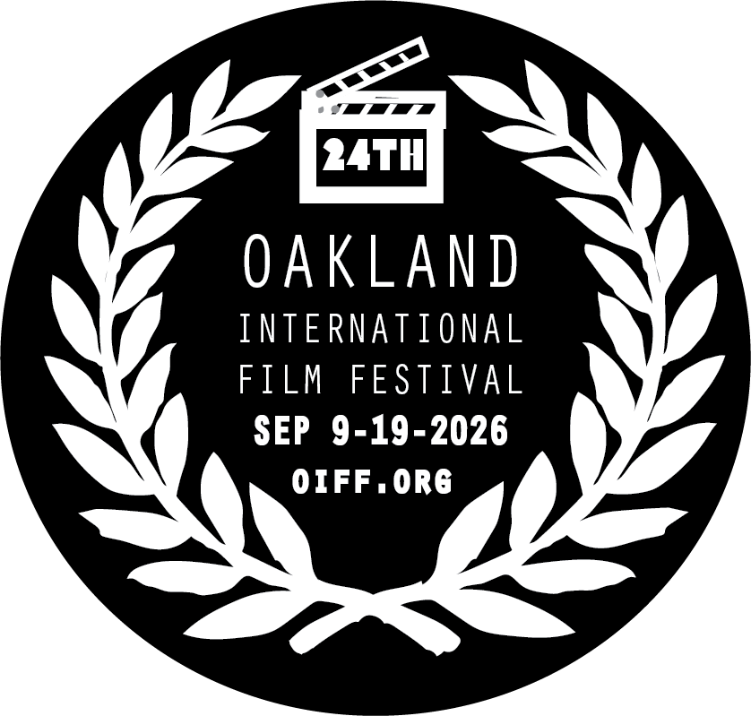 Black and white promotional graphic for the 24th Oakland International Film Festival, taking place from September 9 to 19, 2026, featuring a film clapperboard and laurel wreaths, with the festival's website OIFF.ORG.