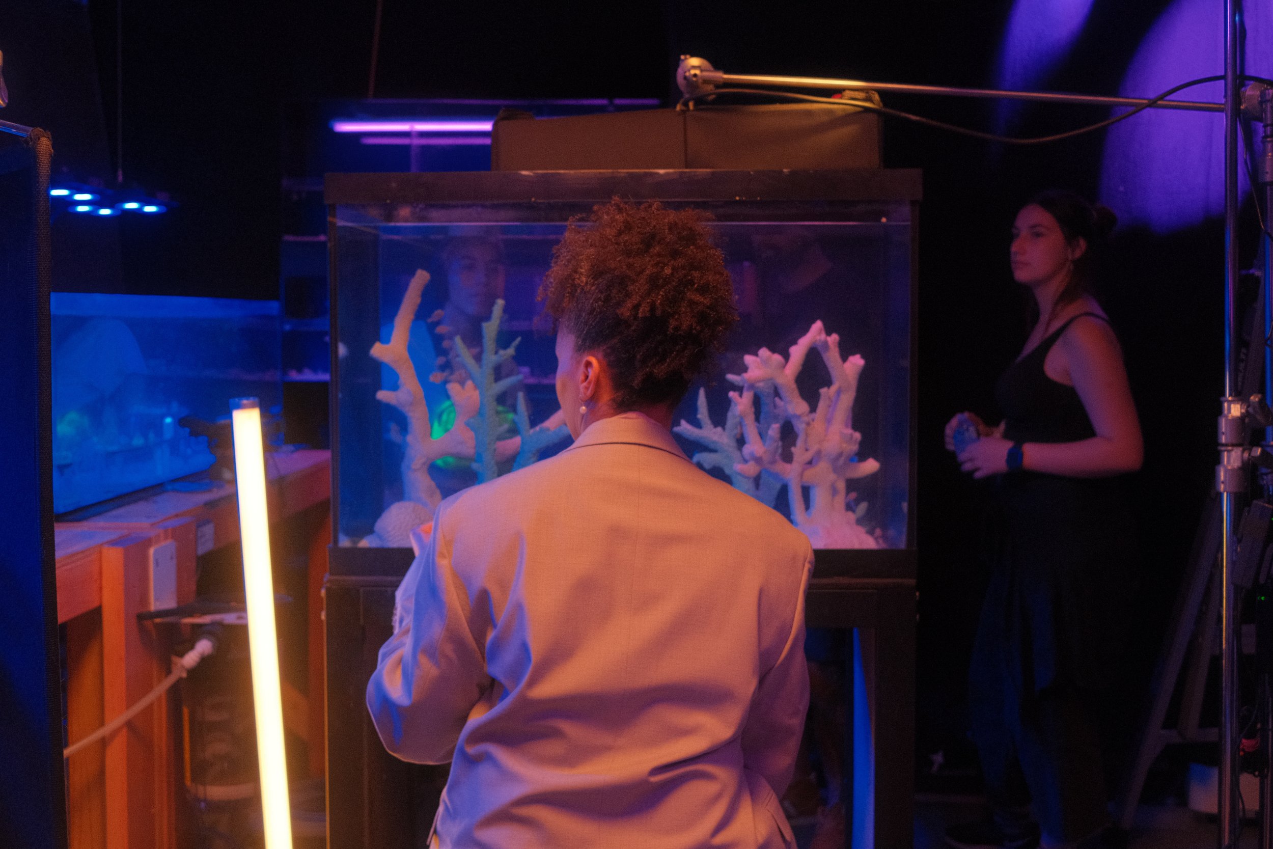 Behind the scenes with Annette sitting on a stool facing a fish tank in the short film Betta Fish