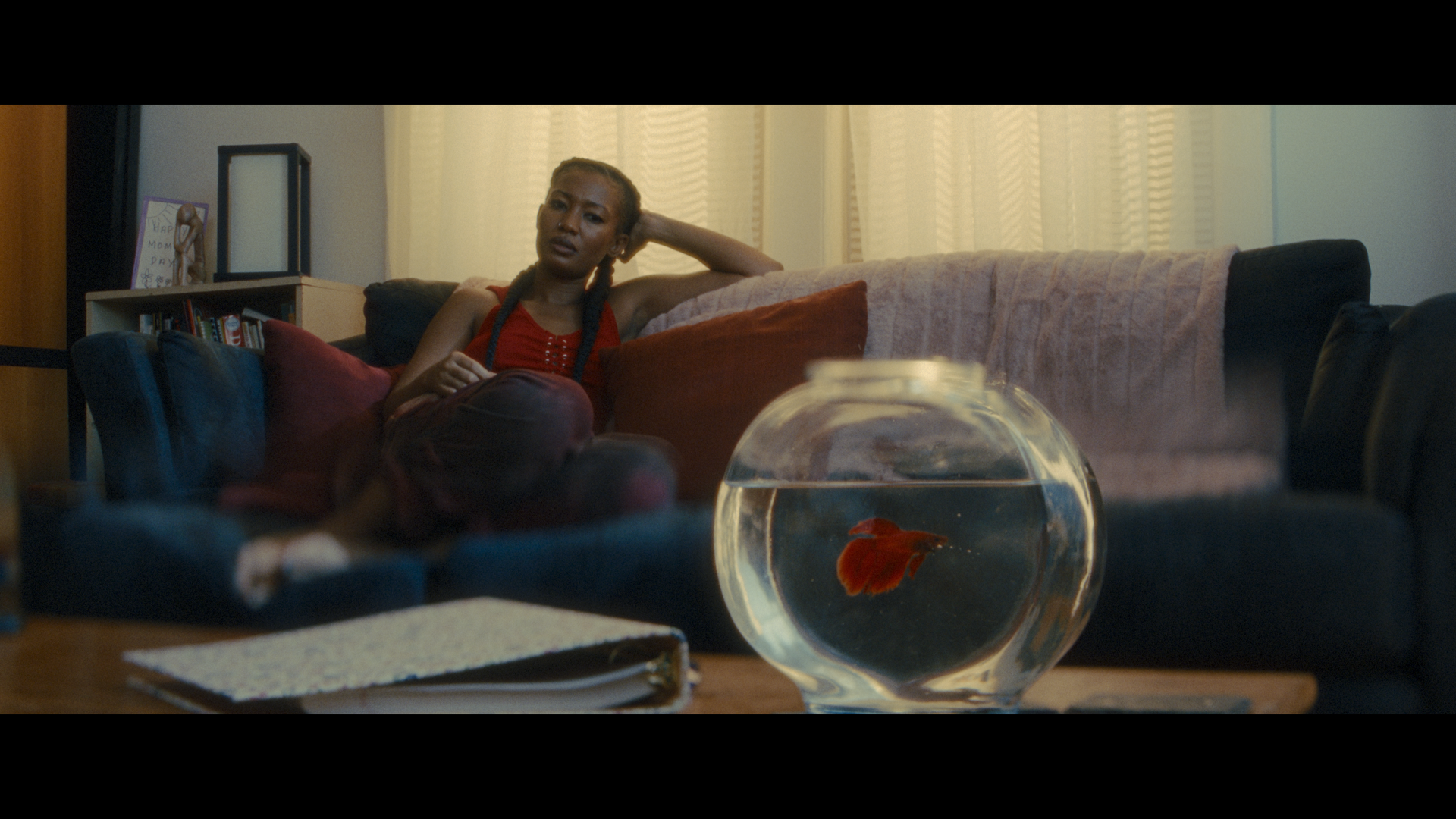 Ellle sitting on the couch gazing at a betta fish on a table