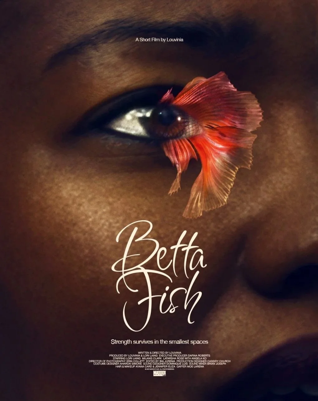 Close-up of a human eye with a red fish, a Betta fish, positioned in front of it, making it appear as if the fish is part of the eye. The text on the image reads 'Betta Fish' and 'Strength survives in the smallest spaces'.