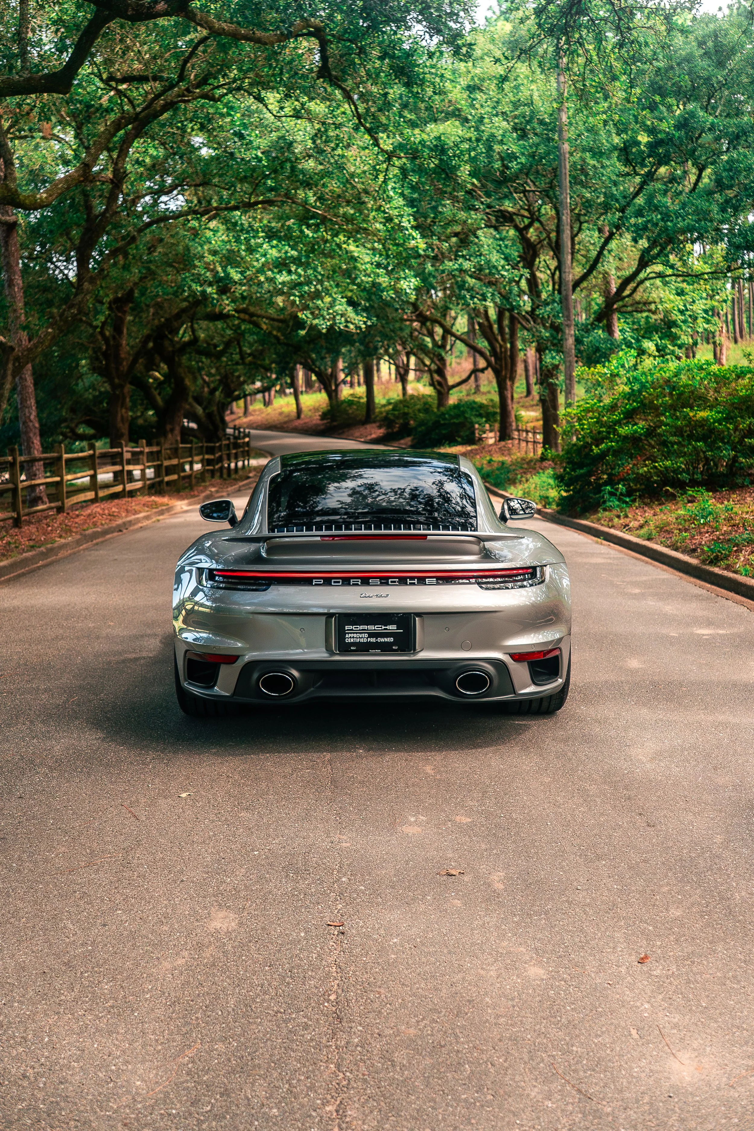 Silver Porsche 911 parked on a paved road in a wooded area with green trees and bushes on both sides.