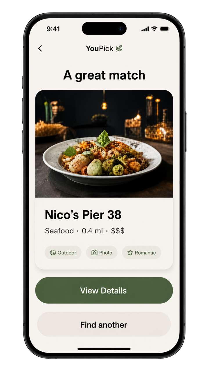 A smartphone screen showing a dating app with a profile of a seafood restaurant called Nico's Pier 38, featuring a photo of a seafood dish and options to view details or find another location.