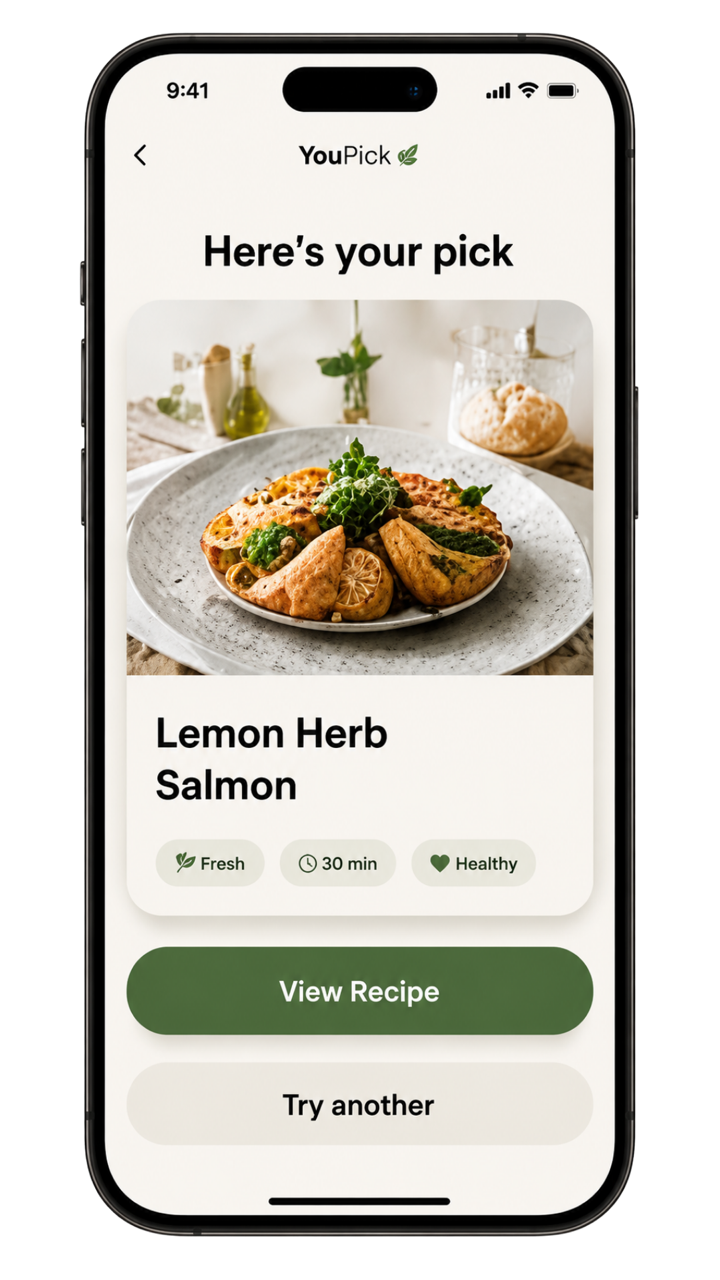 Mobile phone screen displaying a recipe app with a dish called Lemon Herb Salmon, showing an image of cooked salmon with lemon and herbs on a plate, with options to view recipe or try another, and icons indicating it's fresh, takes 30 minutes, and is healthy.