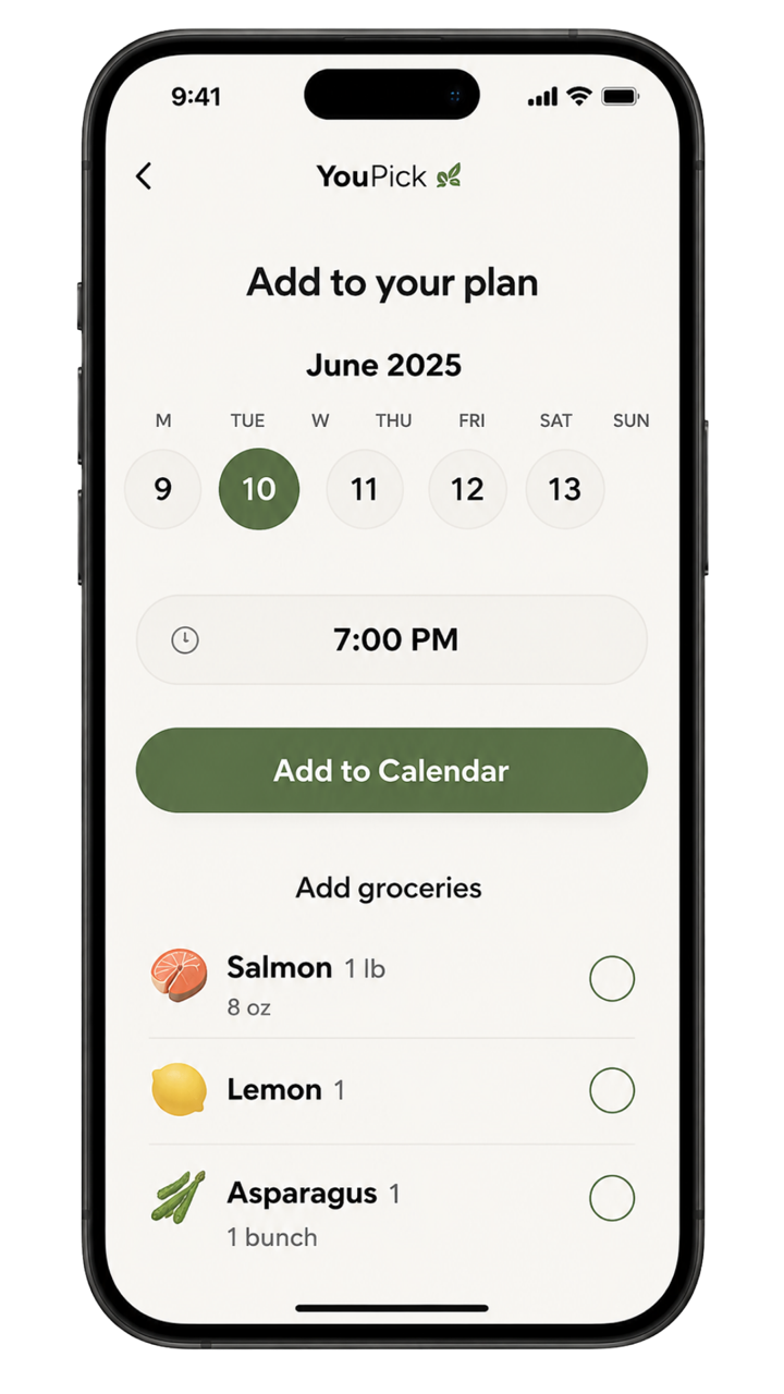 A smartphone screen displaying a grocery planning app where the user has scheduled an addition to their calendar on June 10, 2025, at 7:00 PM, with options to add salmon, lemon, and asparagus to the shopping list.