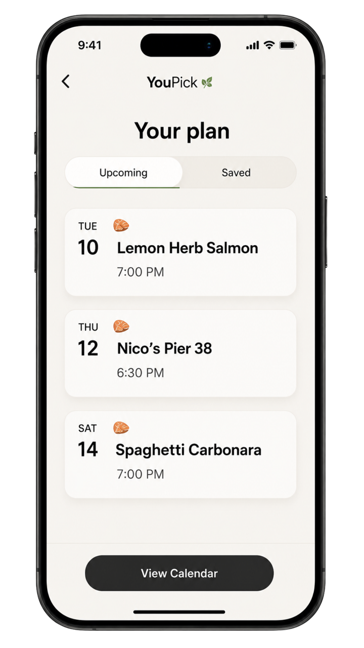 Mobile app screen showing a meal plan with upcoming dinner reservations for Lemon Herb Salmon, Nico's Pier 38, and Spaghetti Carbonara on specific dates and times.