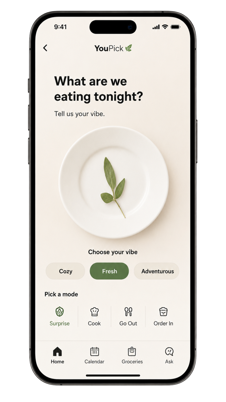 A smartphone screen displaying a food ordering app called YouPick. The screen asks, 'What are we eating tonight?', with options to choose a vibe: Cozy, Fresh, or Adventurous. The user has selected "Fresh". Options for mode include Surprise, Cook, Go Out, and Order In. The bottom menu includes icons for Home, Calendar, Groceries, and Ask.