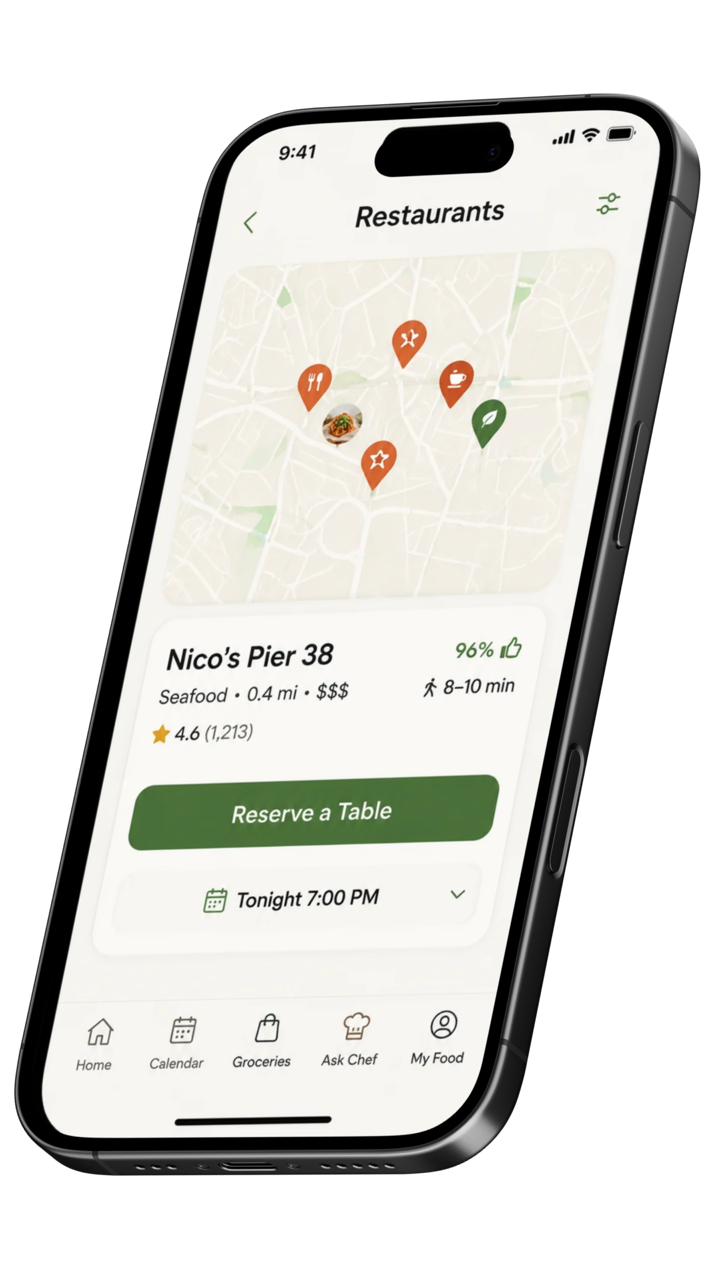 A smartphone screen displaying a restaurant reservation app with a map and details for Nico's Pier 38, a seafood restaurant.
