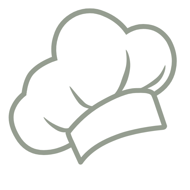 Line drawing of a chef's hat with a band at the bottom, outlined in gray on a black background.