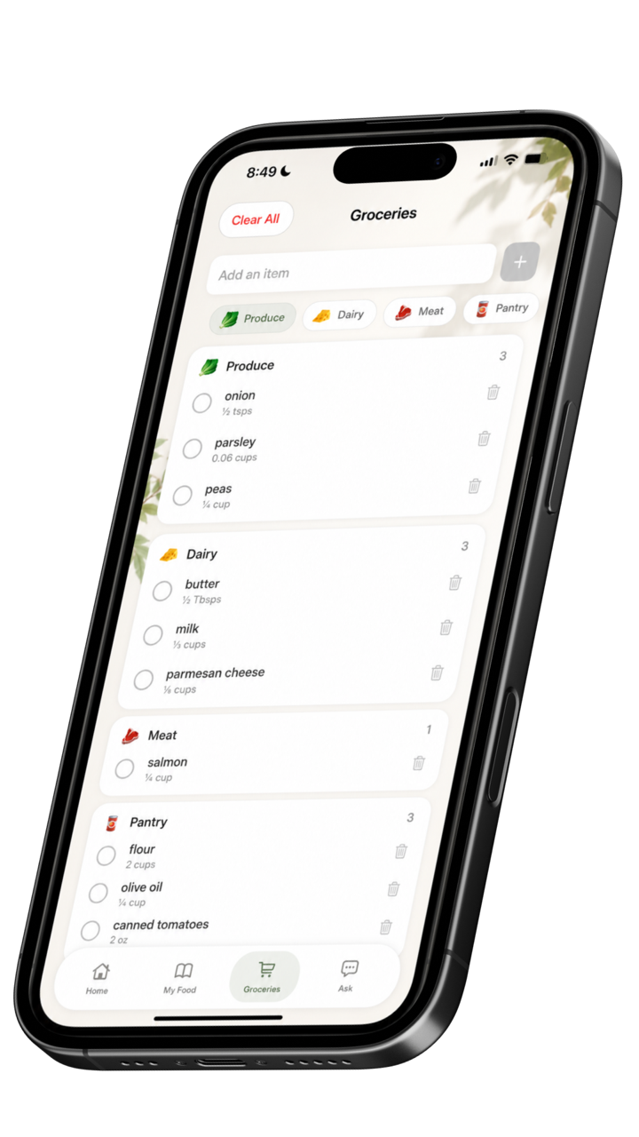 Smartphone screen displaying a grocery list app with categories for produce, dairy, meat, and pantry, each containing specific items.