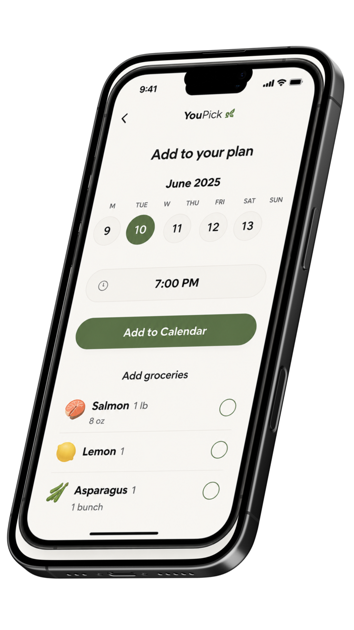 Smartphone screen displaying a grocery shopping app with a plan for June 10, 2025, including adding salmon, lemon, and asparagus to the list, and a button to add the plan to the calendar at 7:00 PM.