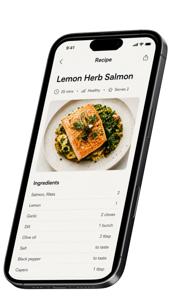 Smartphone displaying a recipe for Lemon Herb Salmon with ingredients and a photo of cooked salmon on a bed of greens.