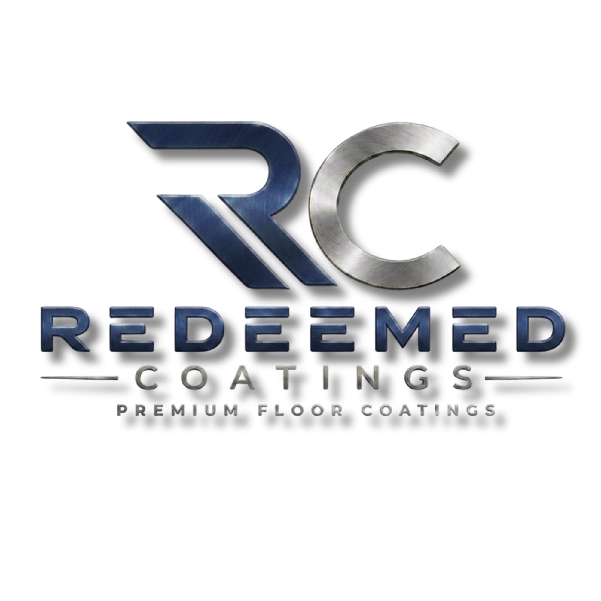 Logo for Redeeded Coatings, a San Antonio Local premium concrete coatings company.  Featuring stylized metallic blue 'R' and silver 'C', with the words 'PREMIUM FLOOR COATINGS' underneath.