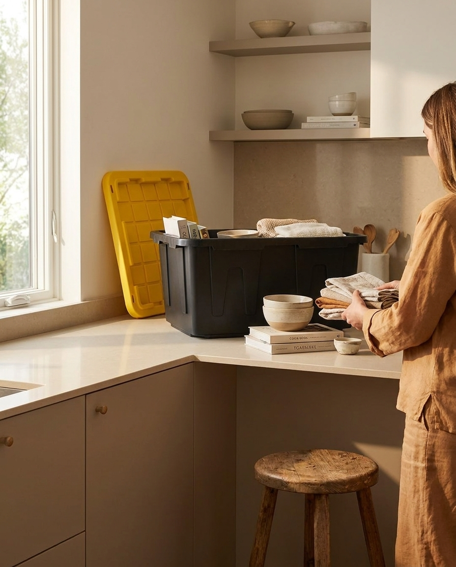 Unpacking a sanitized moving tote on a kitchen counter after pickup — Lone Star Tote Co., Midland, TX