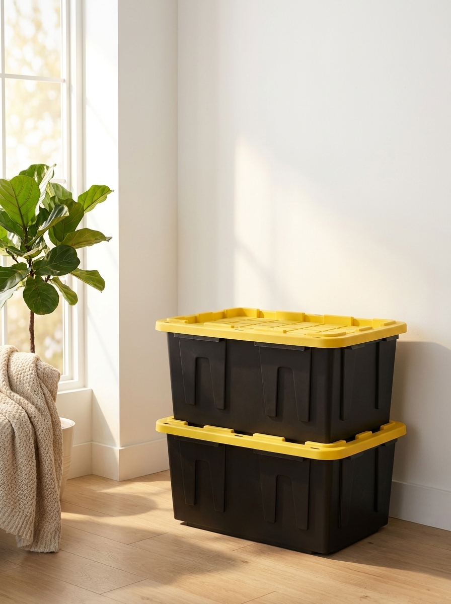 Stacked black and yellow moving totes in a bright living room, available for rent from Lone Star Tote Co. in Midland, TX