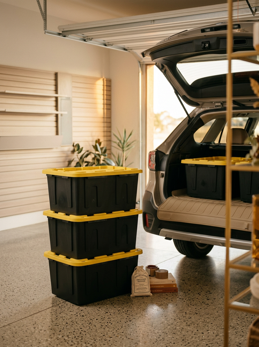 Moving totes stacked near an open car trunk in a home garage — Lone Star Tote Co., a small local business in Midland, TX