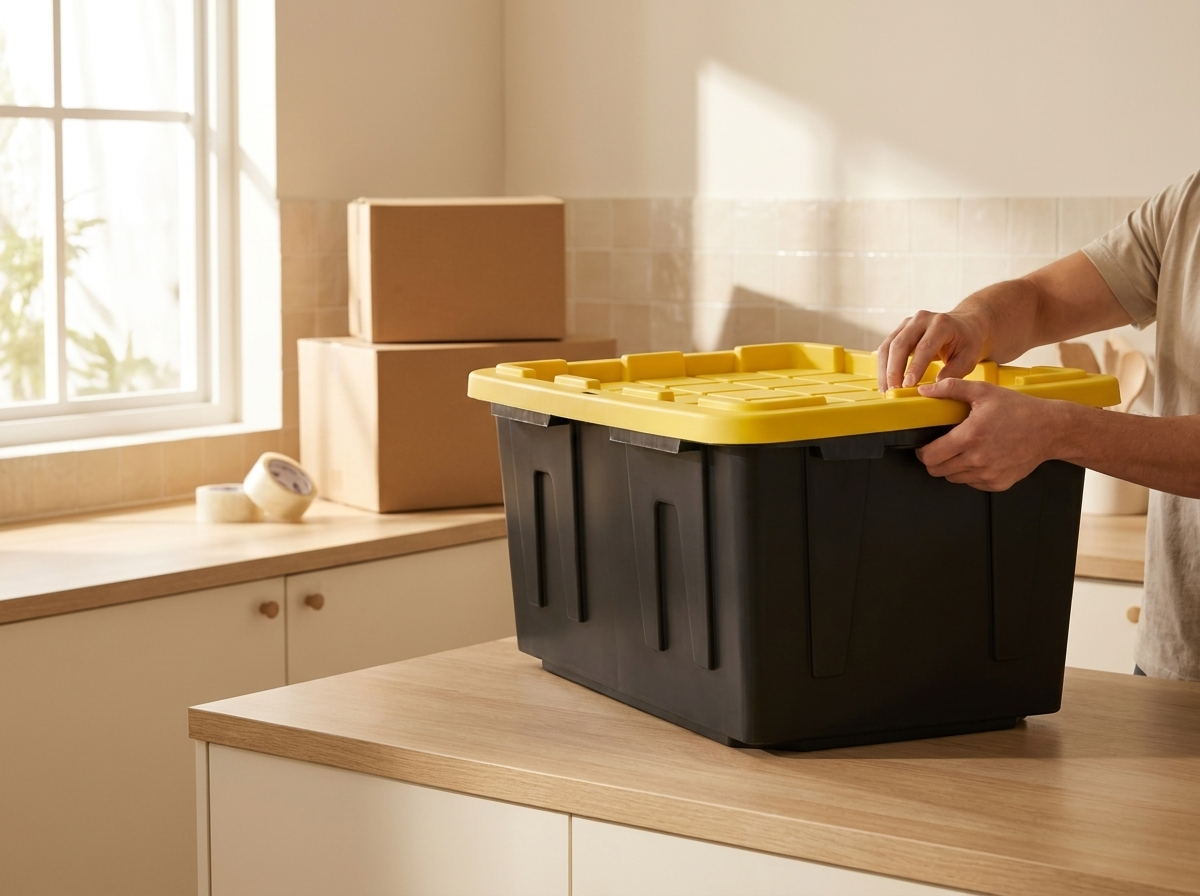 Closing the lid on a heavy-duty moving tote in a bright kitchen before pickup — Lone Star Tote Co., Midland, TX