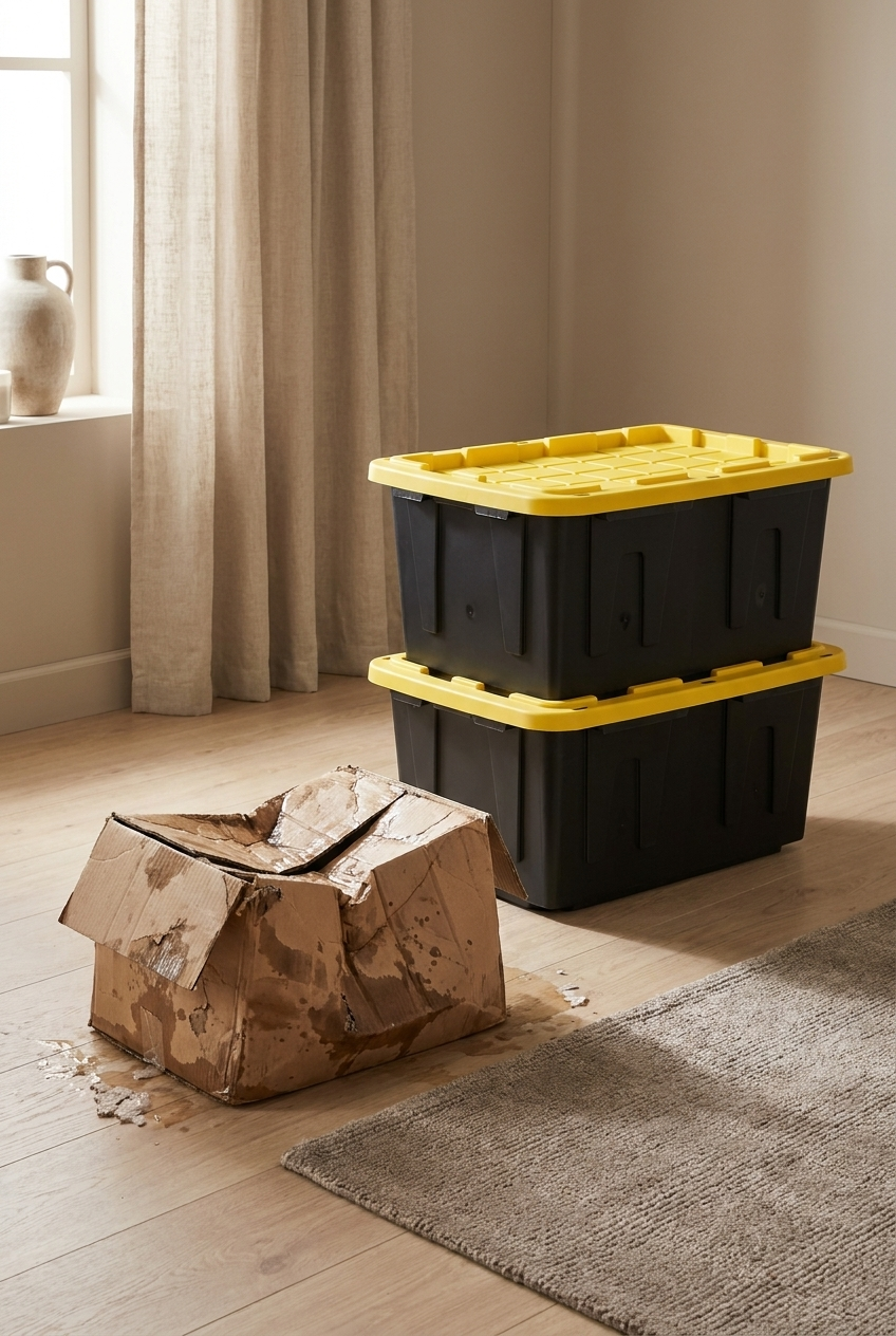 Two sturdy stacked moving totes beside a crushed cardboard box, showing why totes outlast cardboard — Lone Star Tote Co.