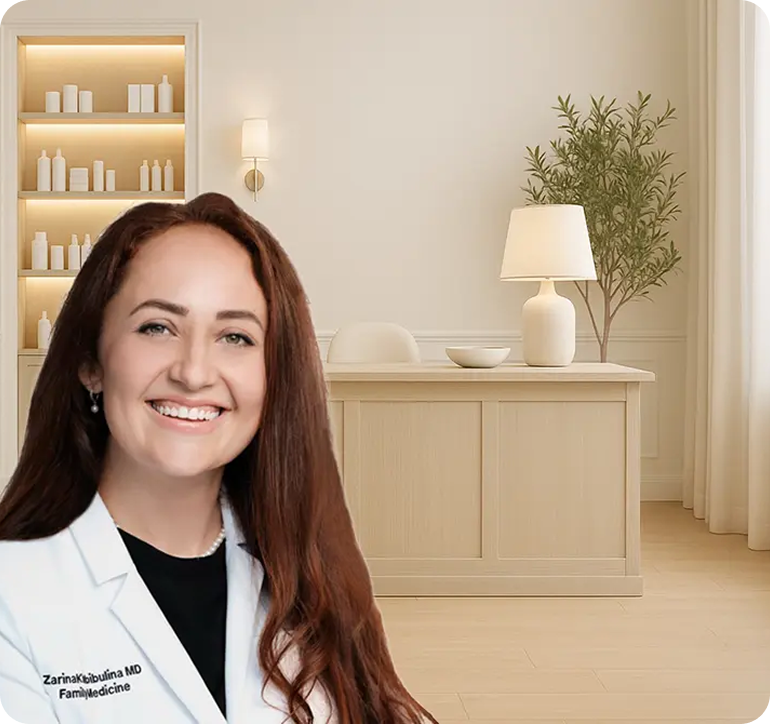 Smiling woman with long brown hair, wearing a white lab coat in a bright, modern room with a beige and white color scheme, shelves with bottles, a lamp, a potted plant, and a desk.