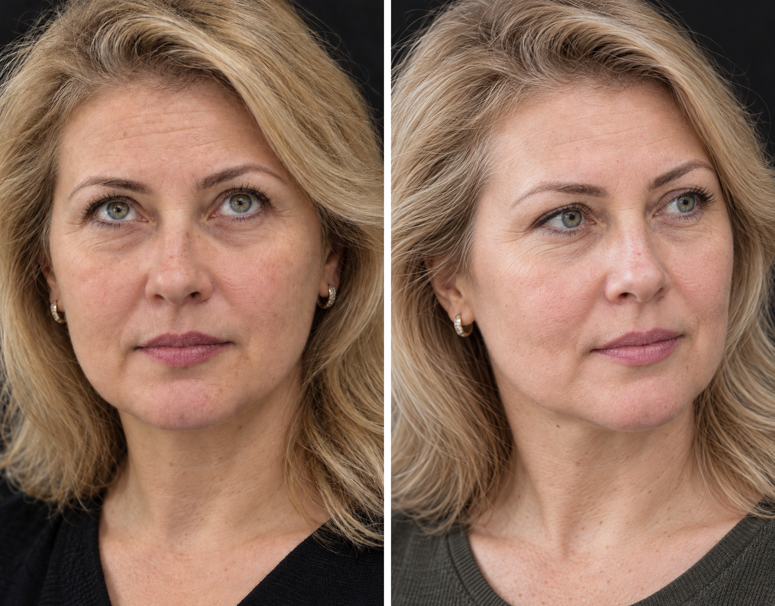 Side-by-side comparison of a woman's face before and after cosmetic treatment, showing reduced wrinkles and smoother skin.