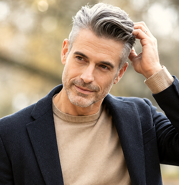 A middle-aged man with gray hair and beard, wearing a beige sweater and dark blazer, outdoors with trees in the background, touching his hair and looking to the side.