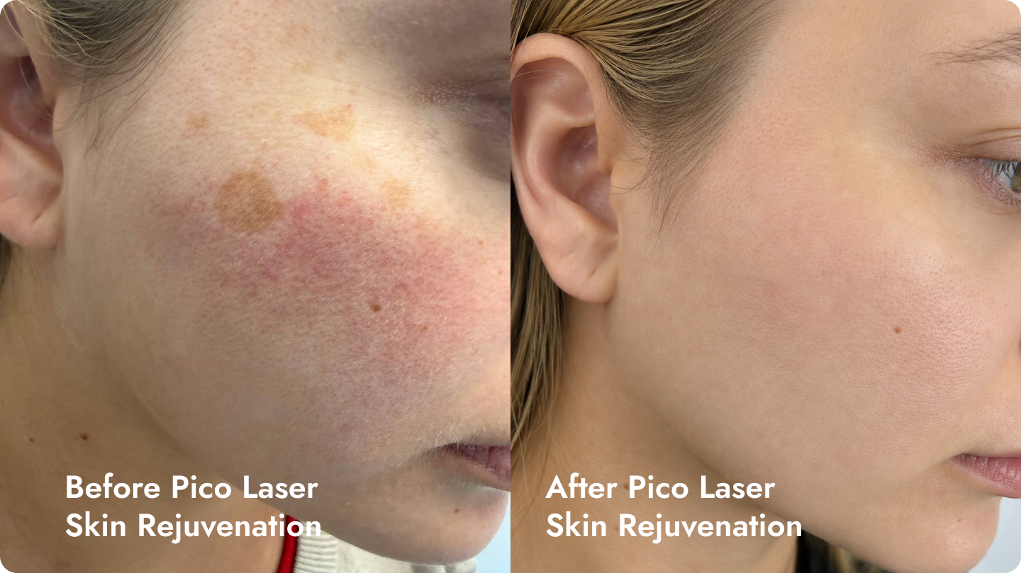 Side-by-side images of a woman's face showing skin improvement after Pico laser treatment. The left image shows skin with redness, dark spots, and uneven texture before treatment. The right image shows clear, smooth, and evenly-toned skin after treatment.