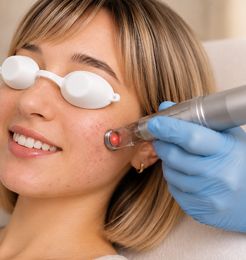 A woman wearing protective eye goggles receives a facial treatment with a handheld device emitting red light on her cheek, in a clinical setting.