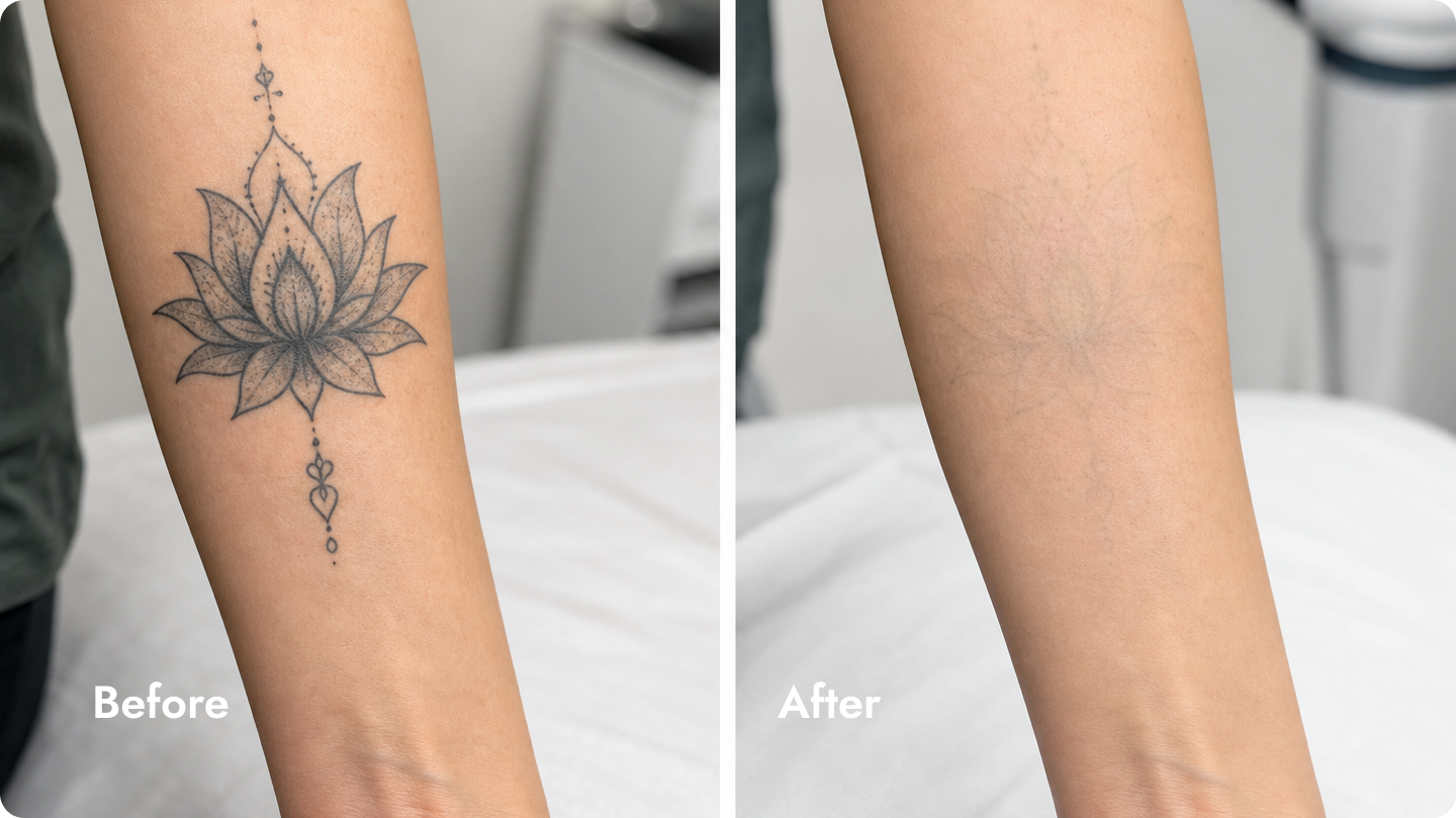 Comparison of a tattooed forearm before and after removal. On the left, a black outline tattoo of a lotus flower with decorative elements. On the right, the same area is shown after tattoo removal, with the tattoo mostly faded and very faint.