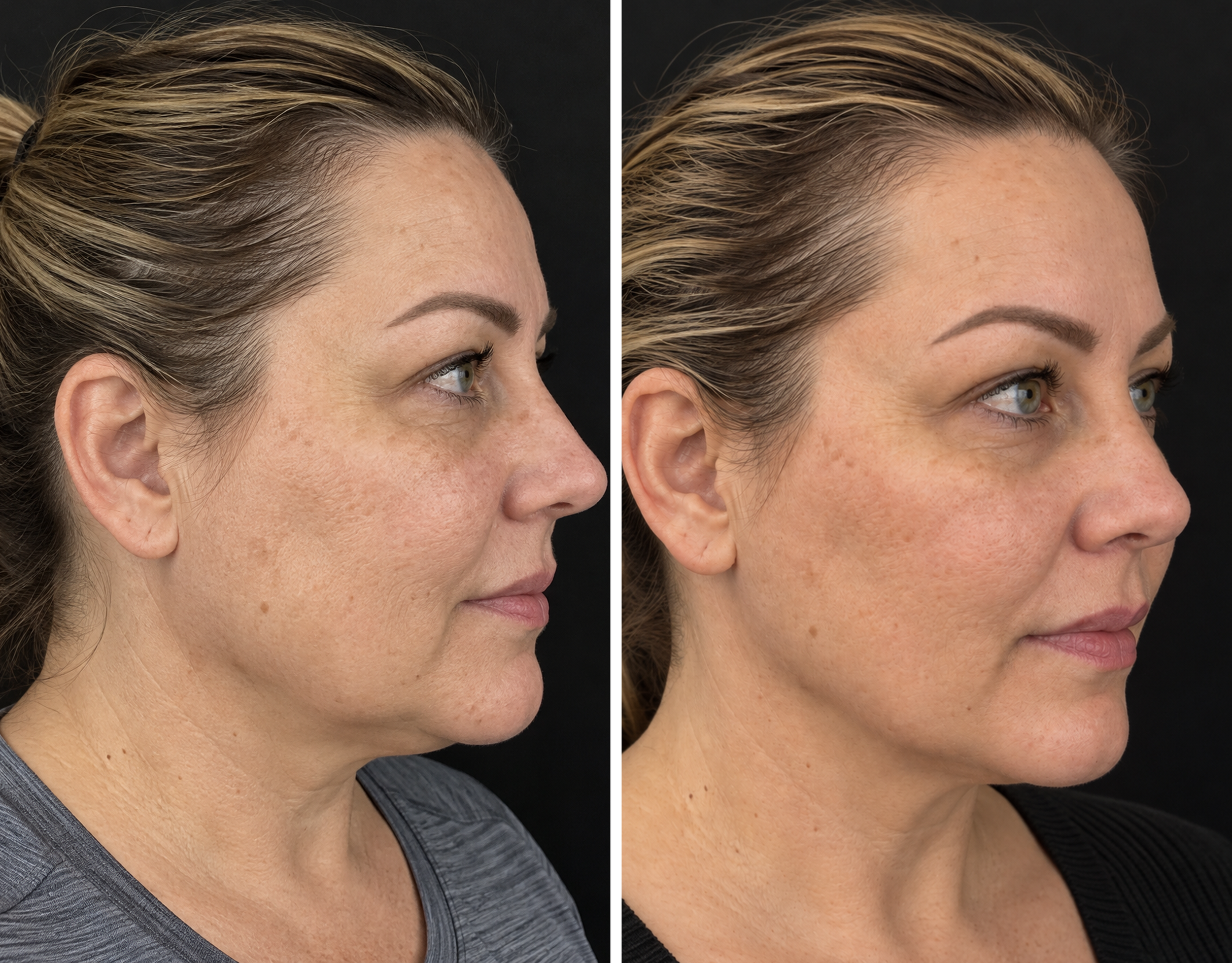 Side-by-side comparison of a woman before and after cosmetic treatment, showing improved skin texture, reduced wrinkles, and a more youthful appearance.