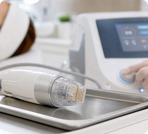 Close-up of a medical device used for liposuction, showing a cannula attached to a machine on a tray in a clinical setting.