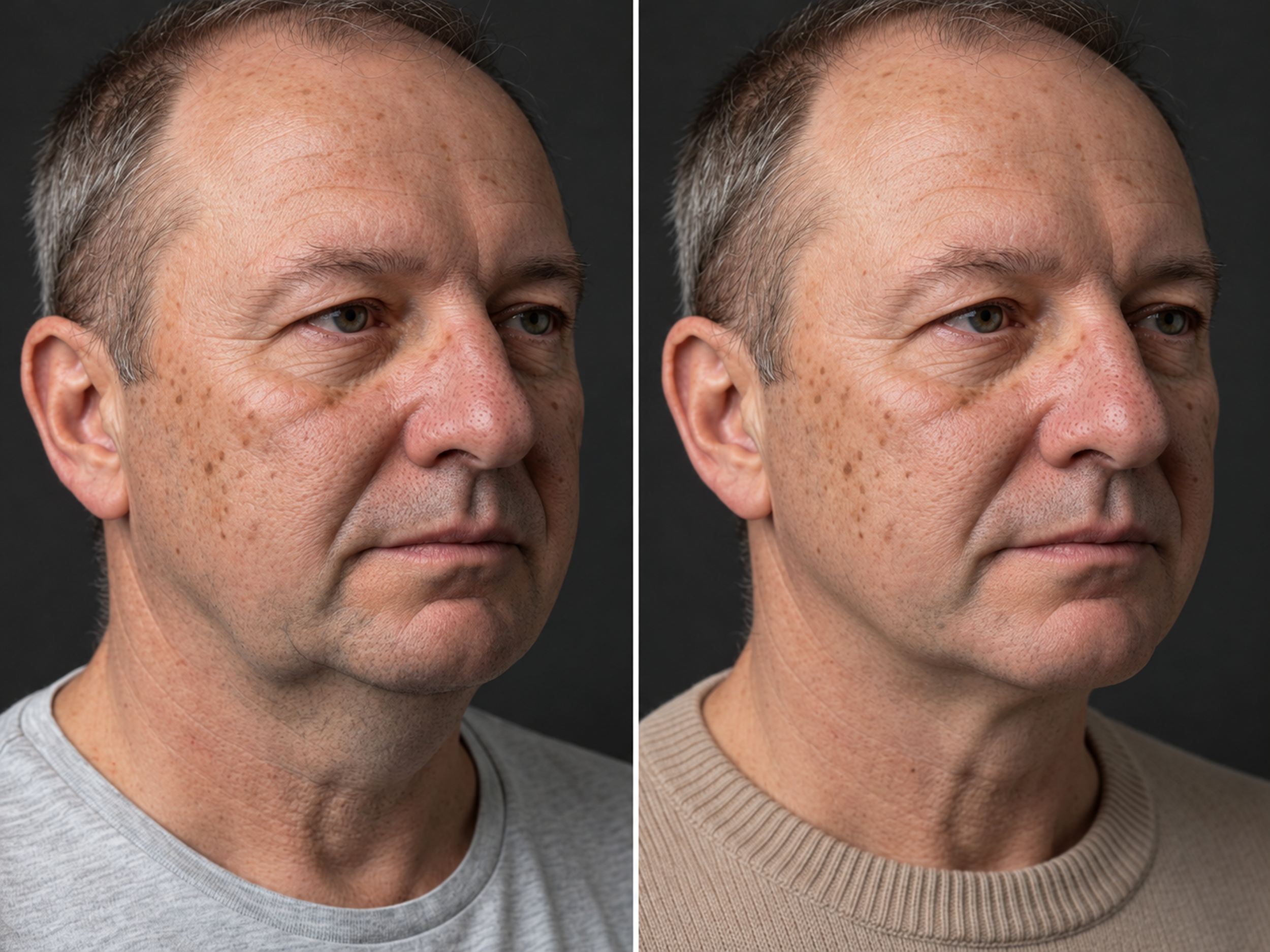 Close-up of a middle-aged man's face shown in two side-by-side images, illustrating a before and after skin treatment. The man has short, greying hair, light skin with freckles, and visible wrinkles around his eyes and on his cheeks. In the 'after' i