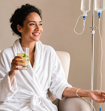Woman relaxing after receiving IV treatment, holding a glass of water with lemon slices.