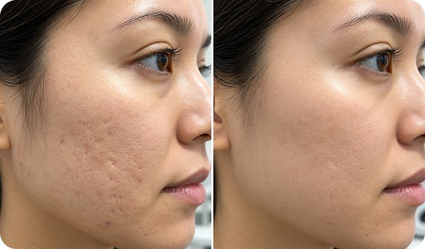 Comparison of a woman's face before and after skincare treatment, showing reduced acne scars and smoother skin on the right.