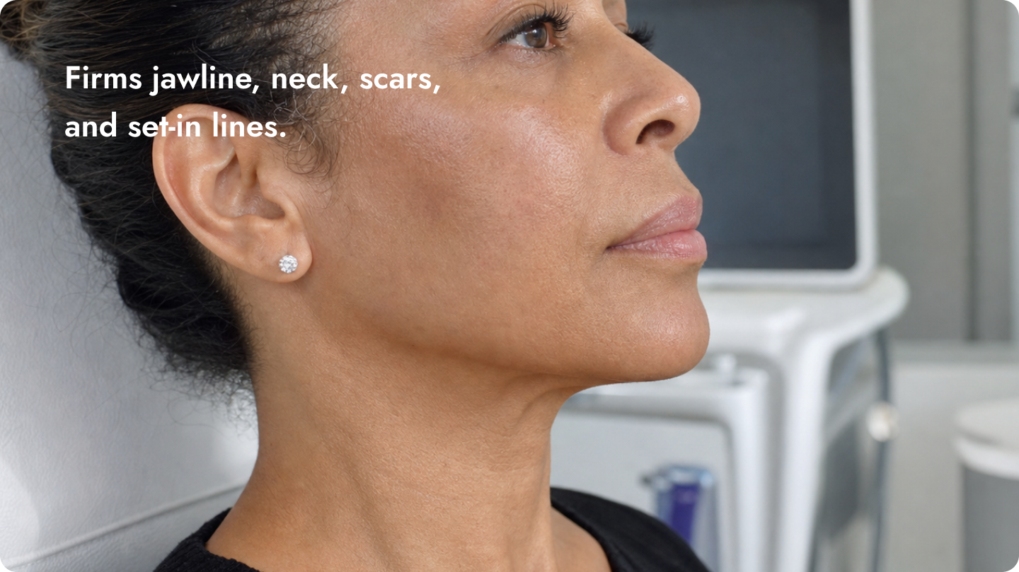 Close-up side profile of a woman's face showing firm jawline, neck scars, and set-in cheekbones.